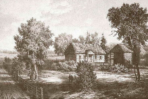 Двор Мицкевичей в Заосье. Картина Н. Орды. Познай Беларусь. Блог о Беларуси / https://poznaibelarus.by/po-sledam-polesskogo-napoleona-part-2/