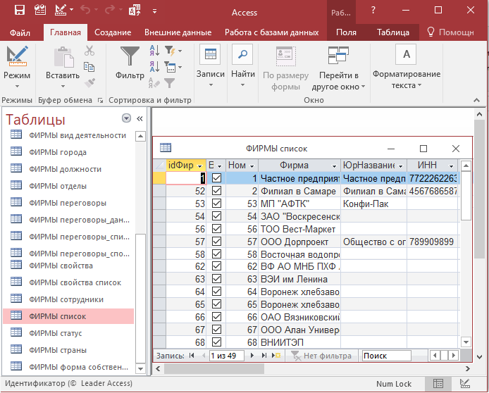 Список таблиц для переноса из Microsoft Access в базу данных SQLite