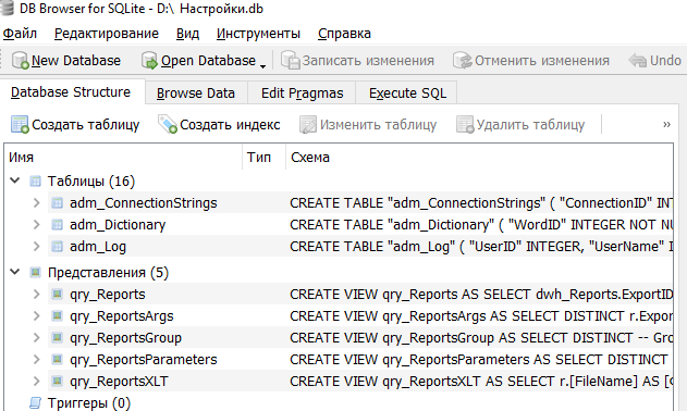 Список таблиц и представлений в браузере DB Browser for SQLite