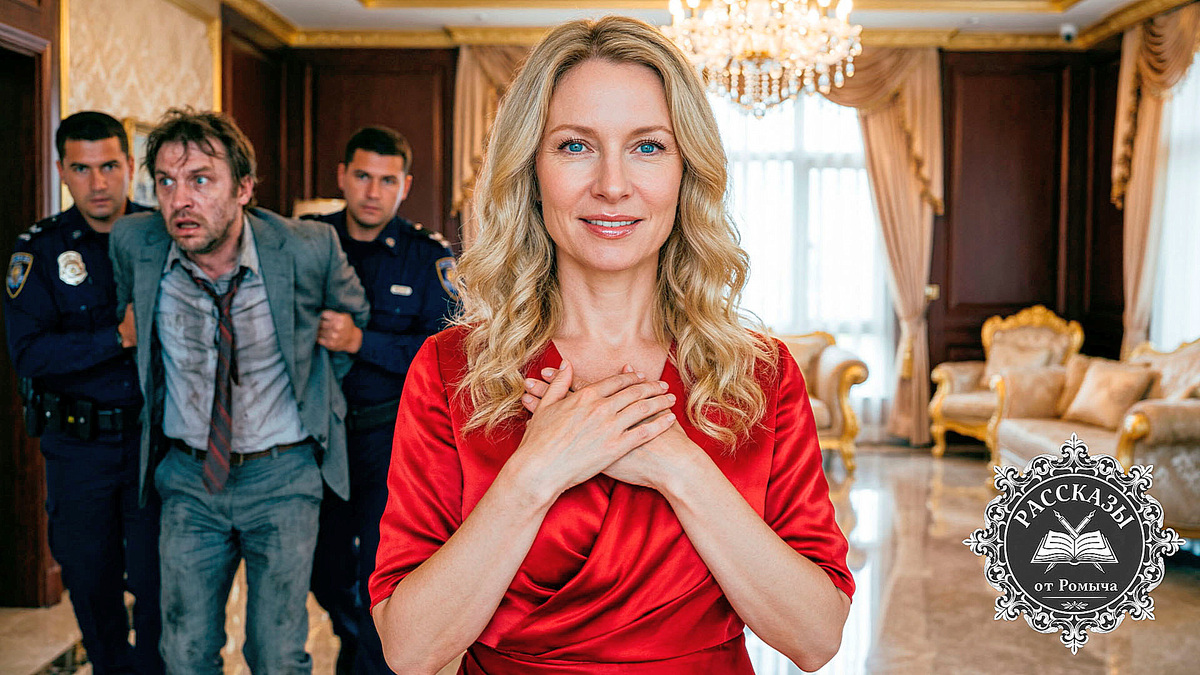 Торжествующая женщина в красном платье наблюдает, как полиция уводит её мужа-манипулятора из роскошного особняка