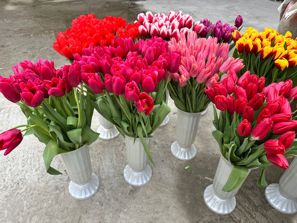 Вазы с цветами на базаре.