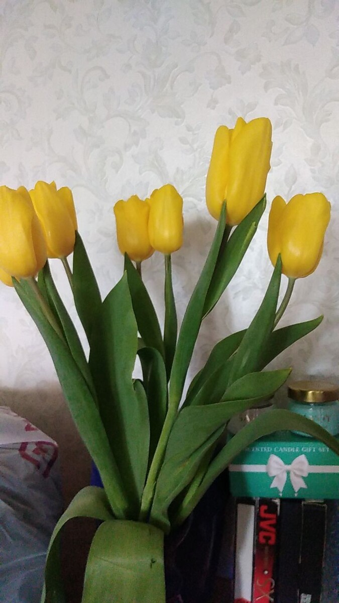 Подарок от коллег: тюльпаны и зеленая коробочка с большими аромасвечками, личное фото автора