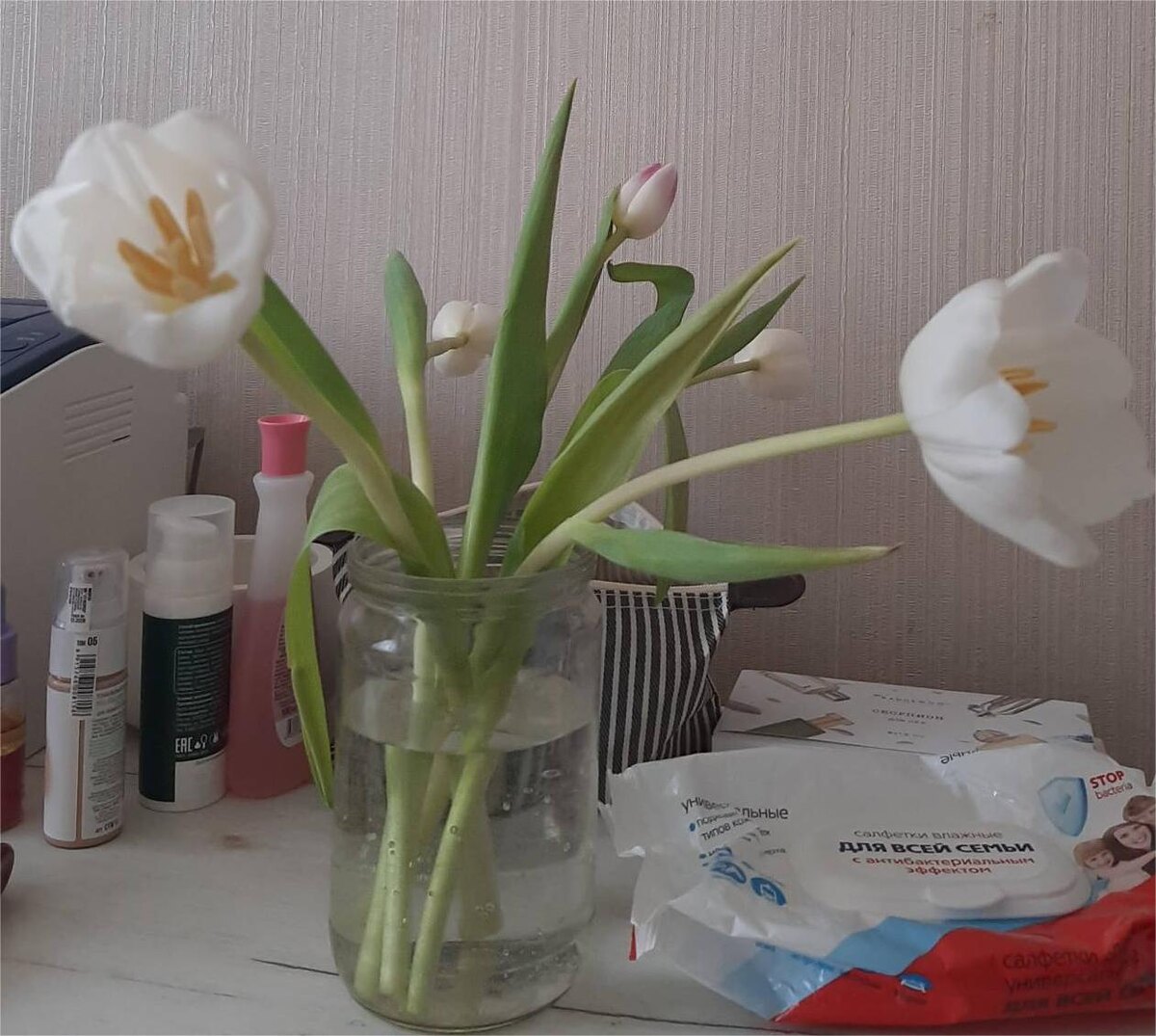 Дочь вчера подарила тюльпанчики! Сразу же раскрылись в тепле