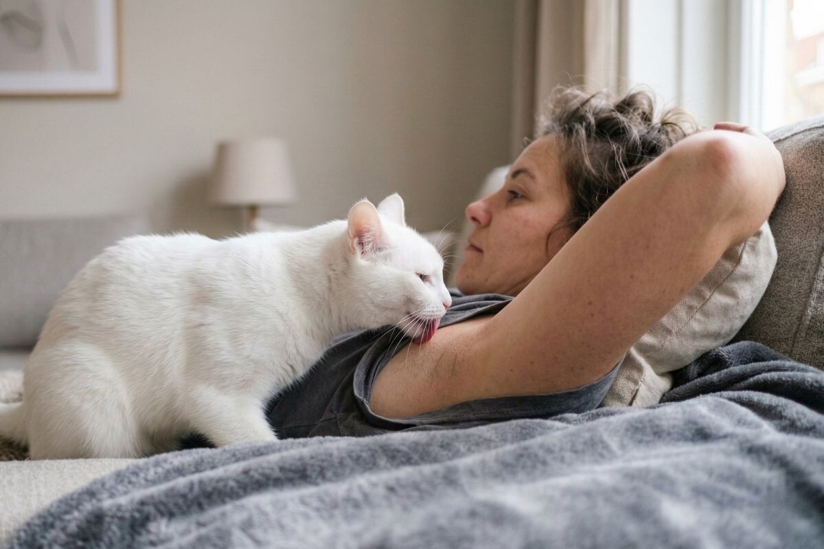 Кошка лижет подмышку