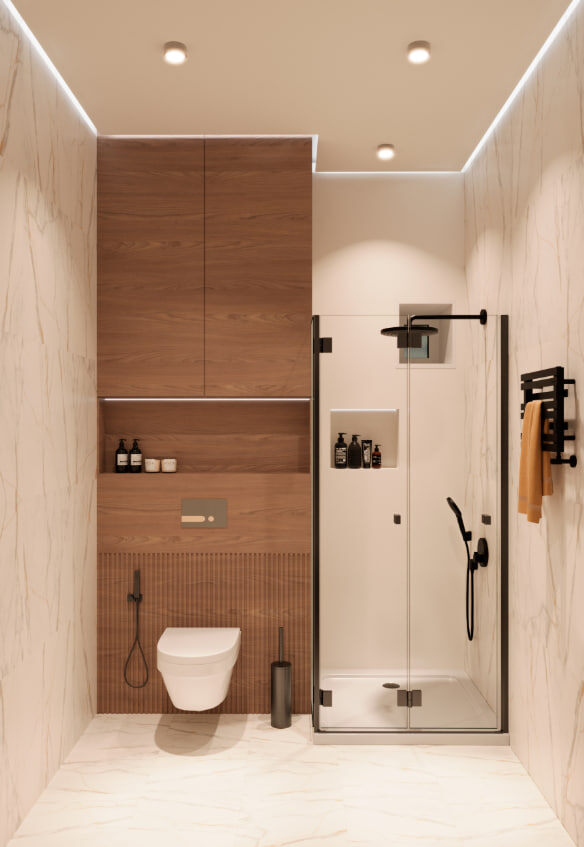 Вариант 2 - с душевой кабиной, более свободным пространством, но стиральная машина вынесена на кухню.
