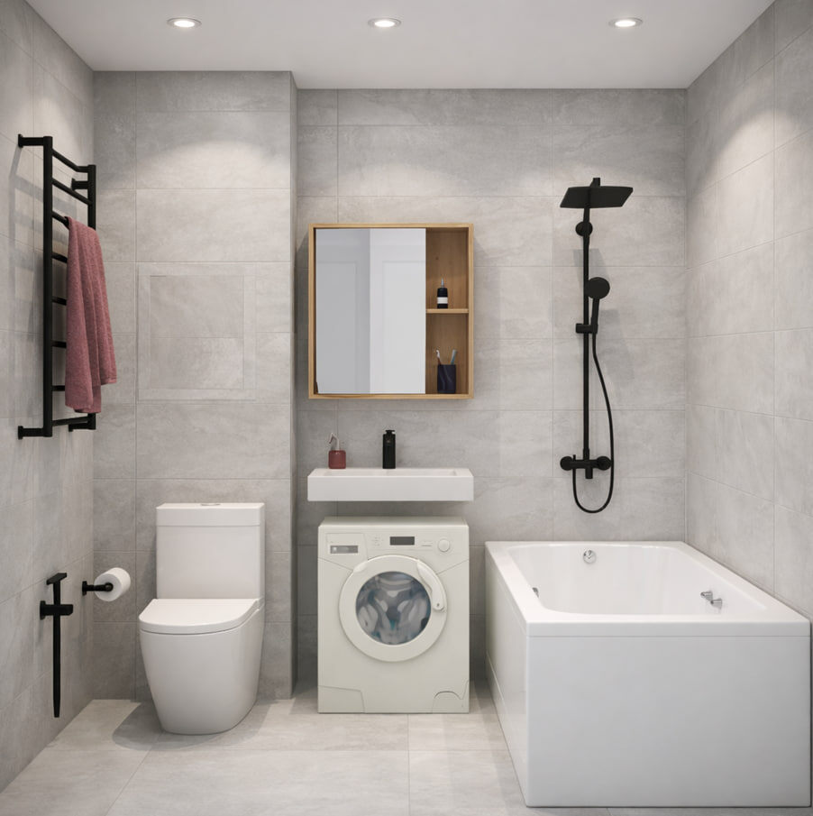 Вариант 1 - с ванной, стиральной машиной внутри и полноценным хранением.