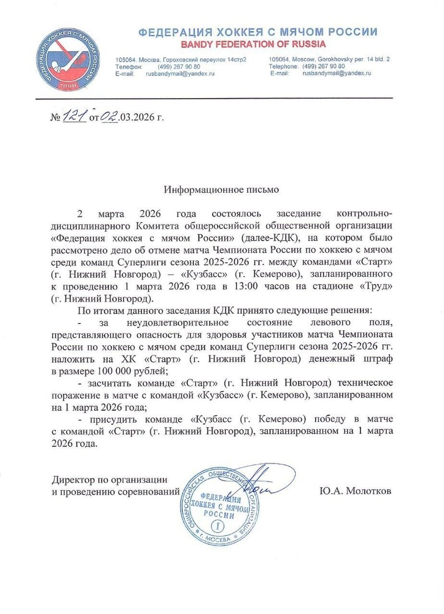    Отмена матча обернулась штрафом ХК «Старт»   телеграм-канал ХК «Старт»