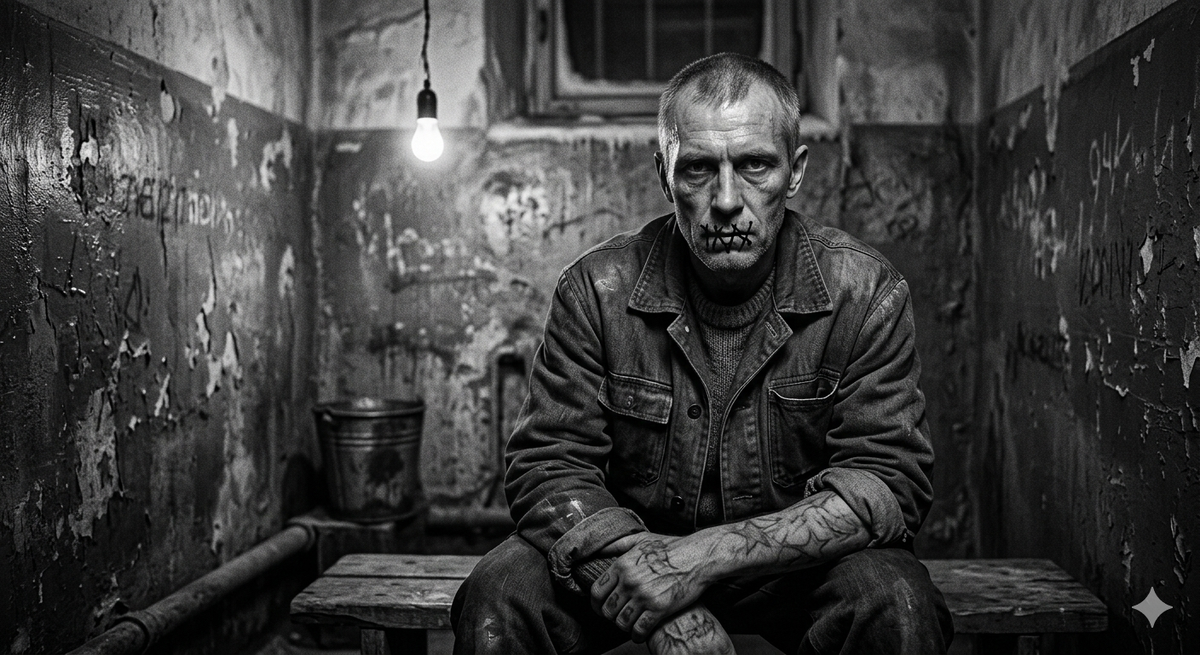 Боец в карцере Владимирского централа с зашитым ртом.