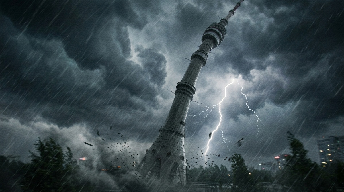 Останкинская башня раскачивается во время урагана