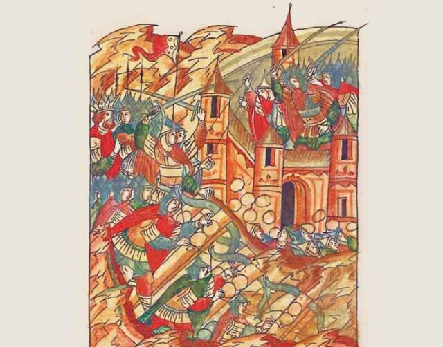 Осада Киева монголами. Миниатюра лицевого свода. Город закидывают ядрами наподобие пушечных. Вероятно это и есть "юбилейные трубы".