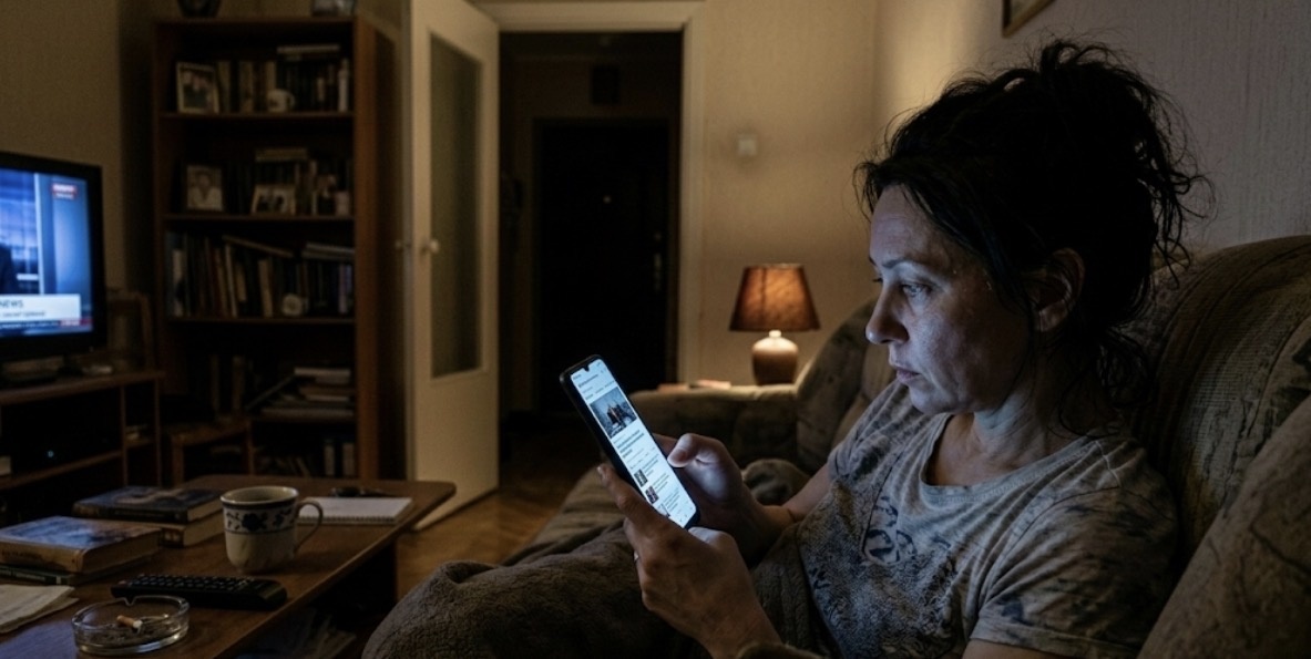 Вечер, когда человек продолжает смотреть в телефон и не может полностью отключиться от мира