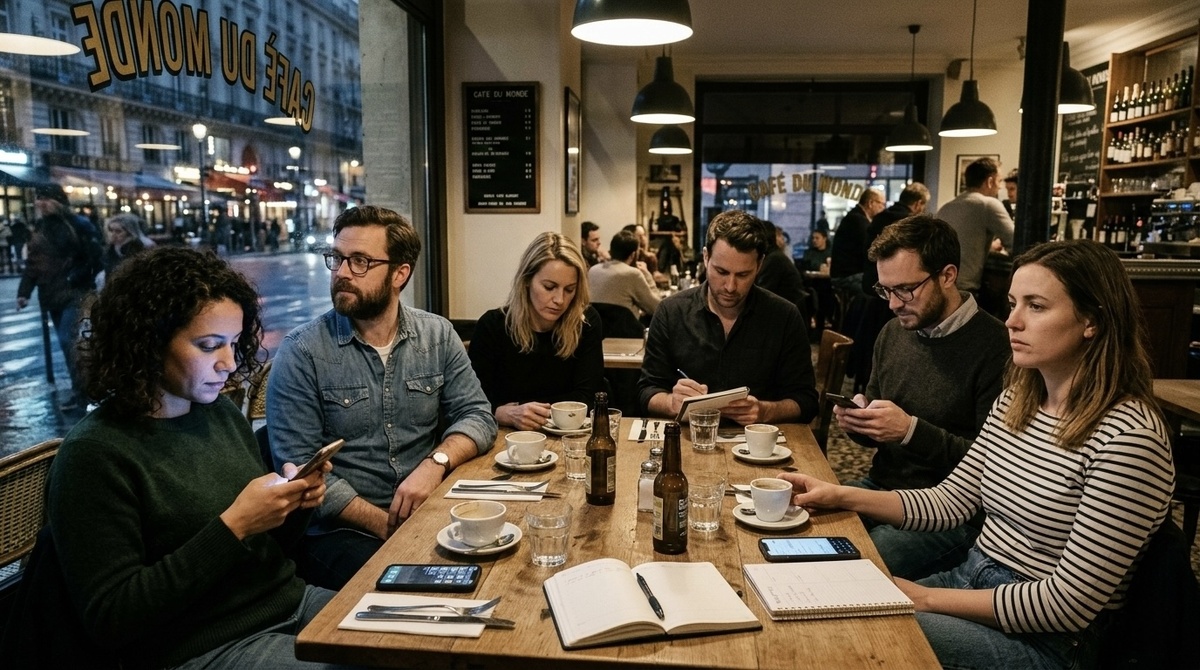 Ситуация, когда друзья сидят за столом, но каждый думает о своих проблемах