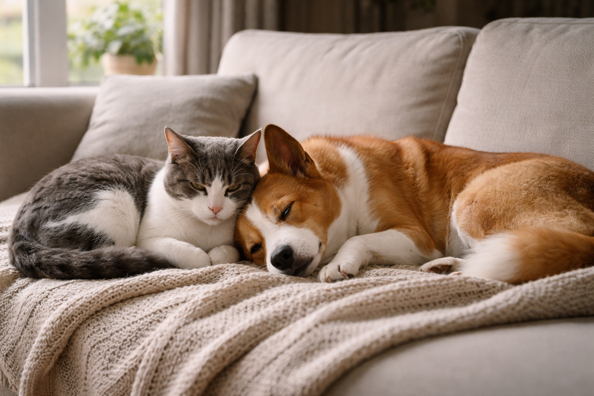 Когда кошка и собака спят рядом