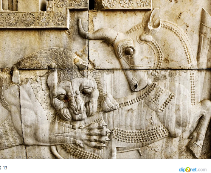 Схватка льва и быка, барельеф южной лестницы дворца Дария, Персеполь. 480-475 гг. до н.э.