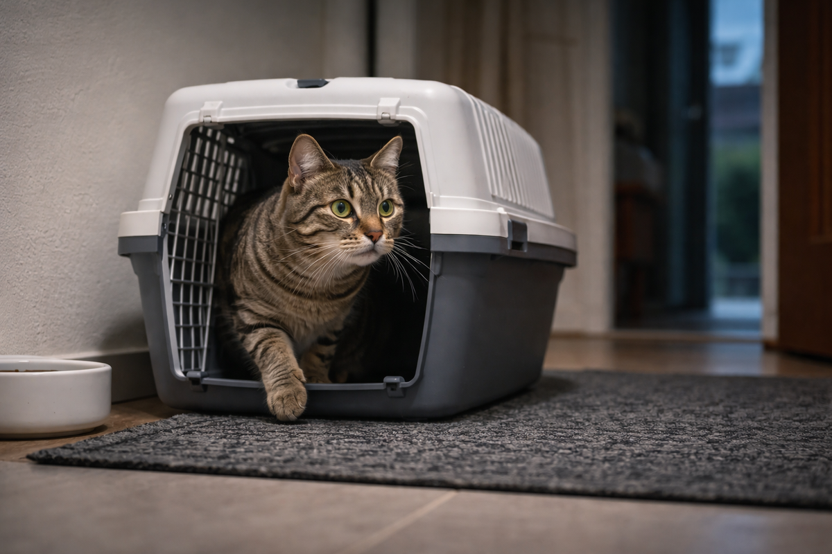 Осторожный выход из переноски после перемен дома или поездки в клинику