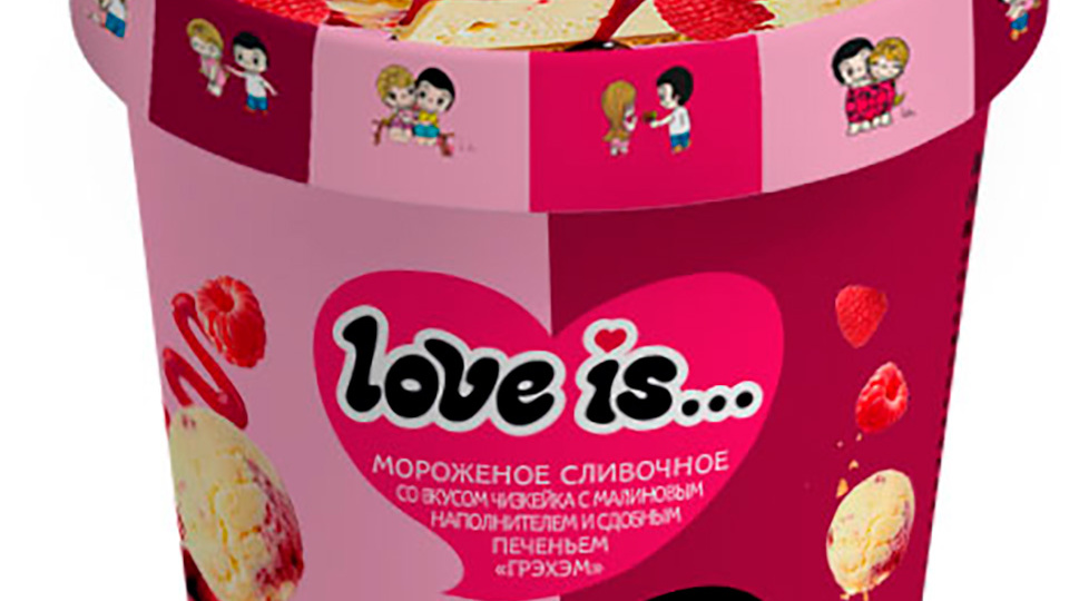 Мороженое "Love Is" сливочное со вкусом чизкейка с малиновым наполнителем и сдобным печеньем "Грэхэм"