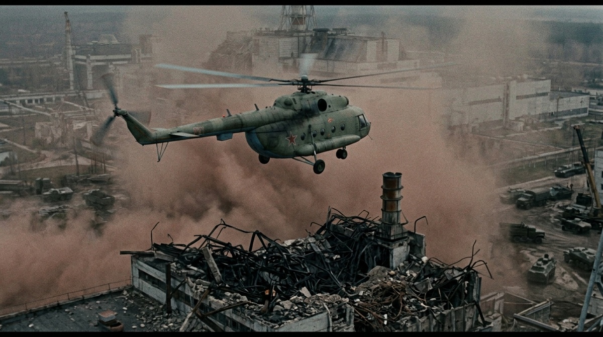 Вертолеты ликвидаторов в свинцовой пыли над разрушенным блоком ЧАЭС