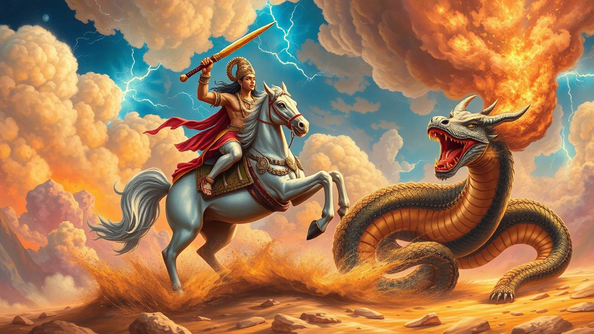Индра поражает змея Вритру. Современный рисунок
