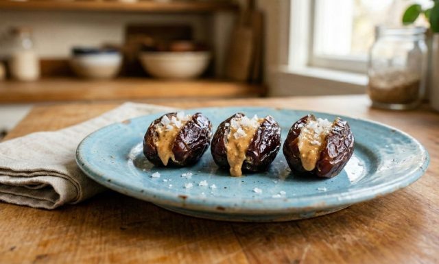 Мясистые финики, наполненные густой арахисовой пастой и присыпанные хлопьевидной солью, превращаются в быстрый домашний десерт с эффектом солёной карамели. Контраст сладкого, жирного и солёного работает безупречно.  📷
