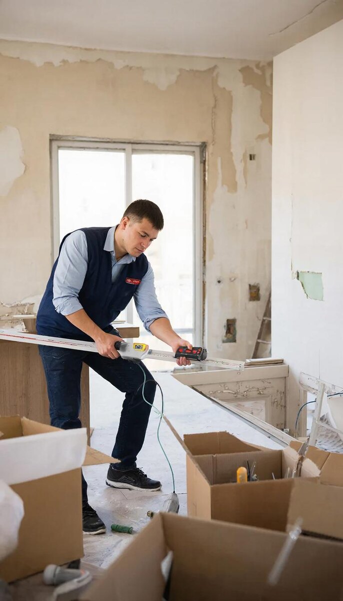 Замерщик с лазерным уровнем на пустой кухне перед заказом гарнитура.