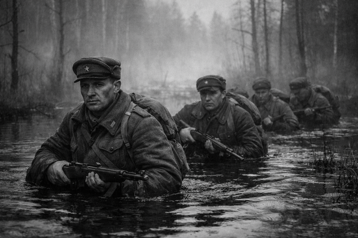 Экспедиции пришлось добираться до острова по пояс в холодной болотной воде.