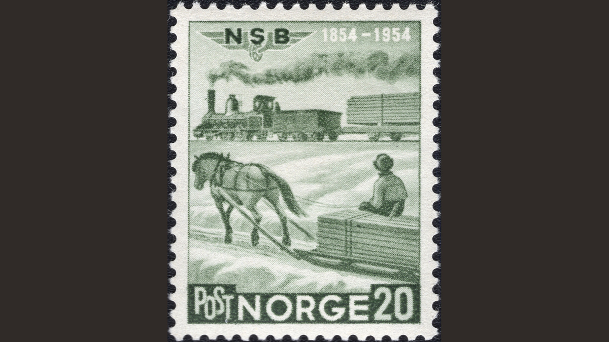 1. Норвегия, 1954 год, № 384. Запряженные лошадью сани и первый норвежский локомотив. 100 лет Норвежской железной дороге.