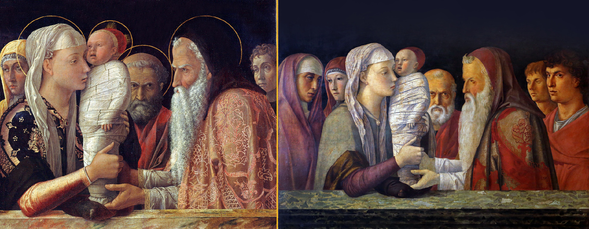 Андреа Мантенья. «Принесение во храм», ок. 1454 год. Gemäldegalerie, Берлин (слева). Джованни Беллини. «Принесение во храм», 1460-е годы. Галерея Кверини Стампалья, Венеция (справа)