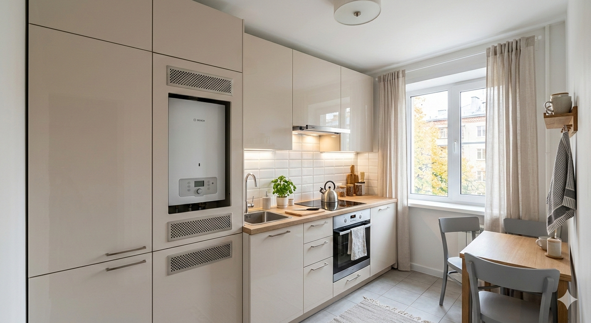 Современная маленькая кухня в хрущевке с газовой колонкой, встроенной в шкаф.