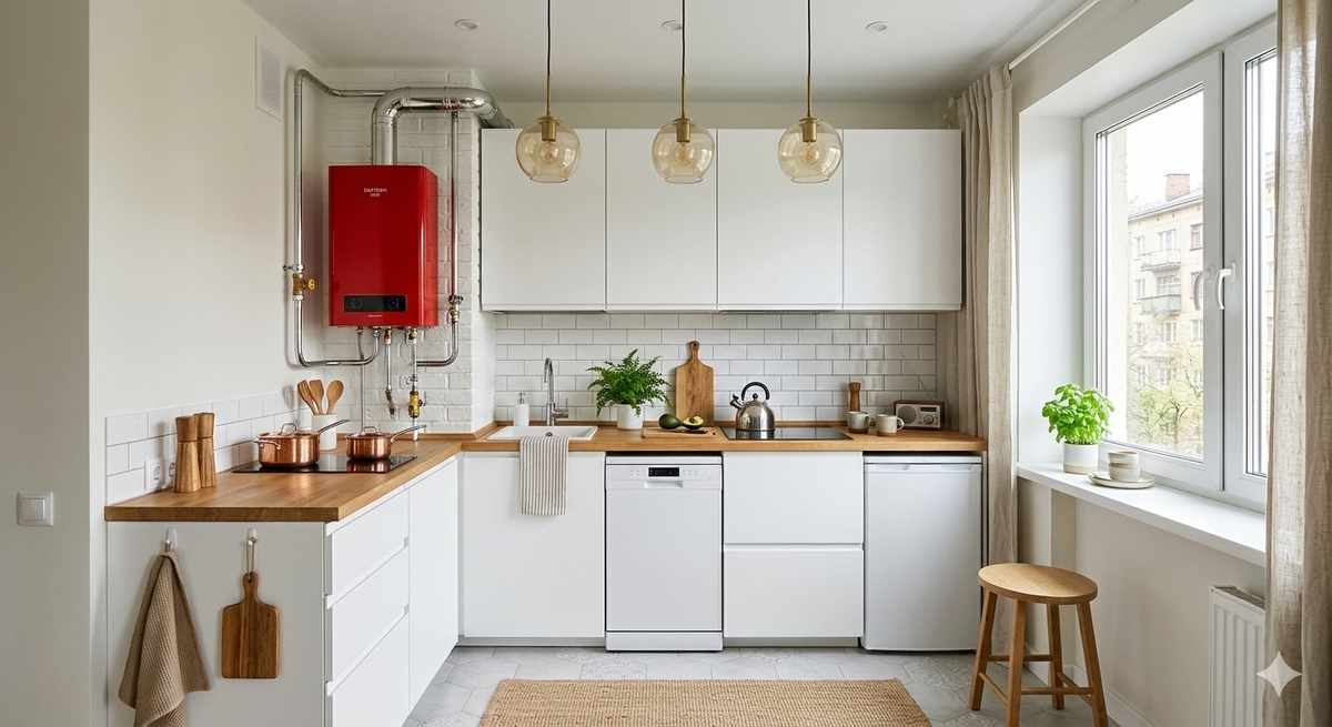 Дизайнерская кухня в хрущевке с яркой открытой газовой колонкой