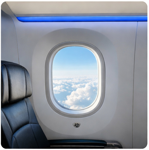Окно в салоне современного самолёта. Закруглённая форма помогает равномерно распределять нагрузку на корпус.