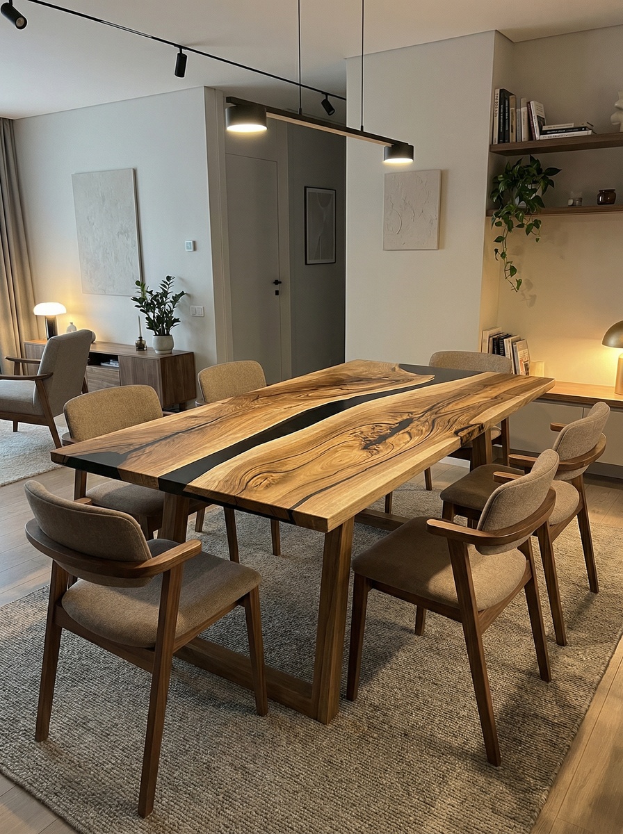 Природные изгибы стола с рекой из эпоксидной смолы