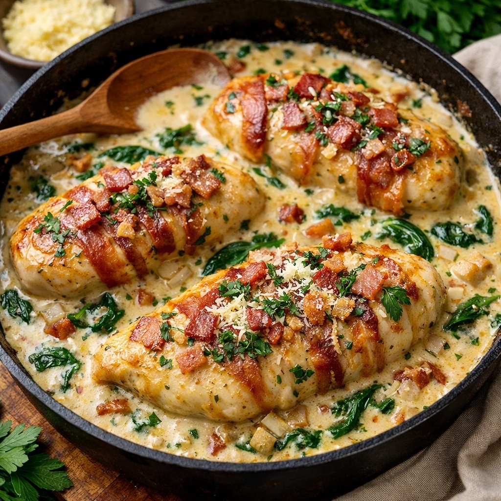 Куриная грудка в сливочно-чесночном соусе с беконом