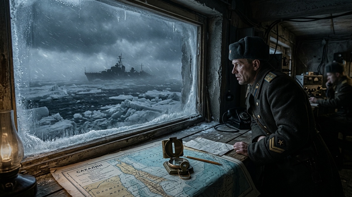 Суровый вид на замерзший Татарский пролив из окна военного кабинета