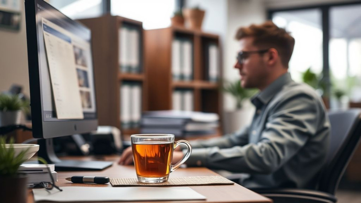 Рабочее место с чашкой чая, аккуратно организованное, без стресса и хаоса. 