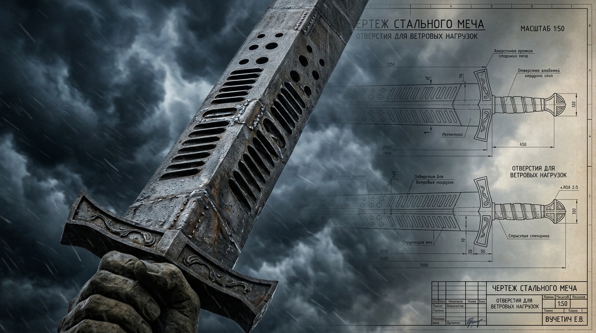 Меч с аэродинамическими отверстиями на фоне штормового неба