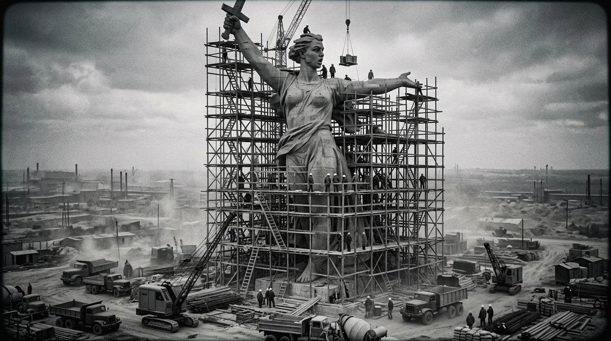 Исторический кадр: Строительство монумента «Родина-мать зовет!», 1960-е годы.