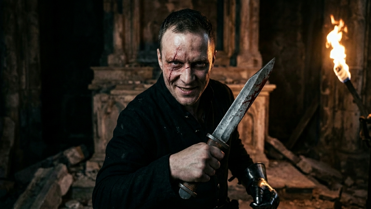 Маркус, предводитель наемников, стоит перед алтарем, сжимая в руке окровавленный нож