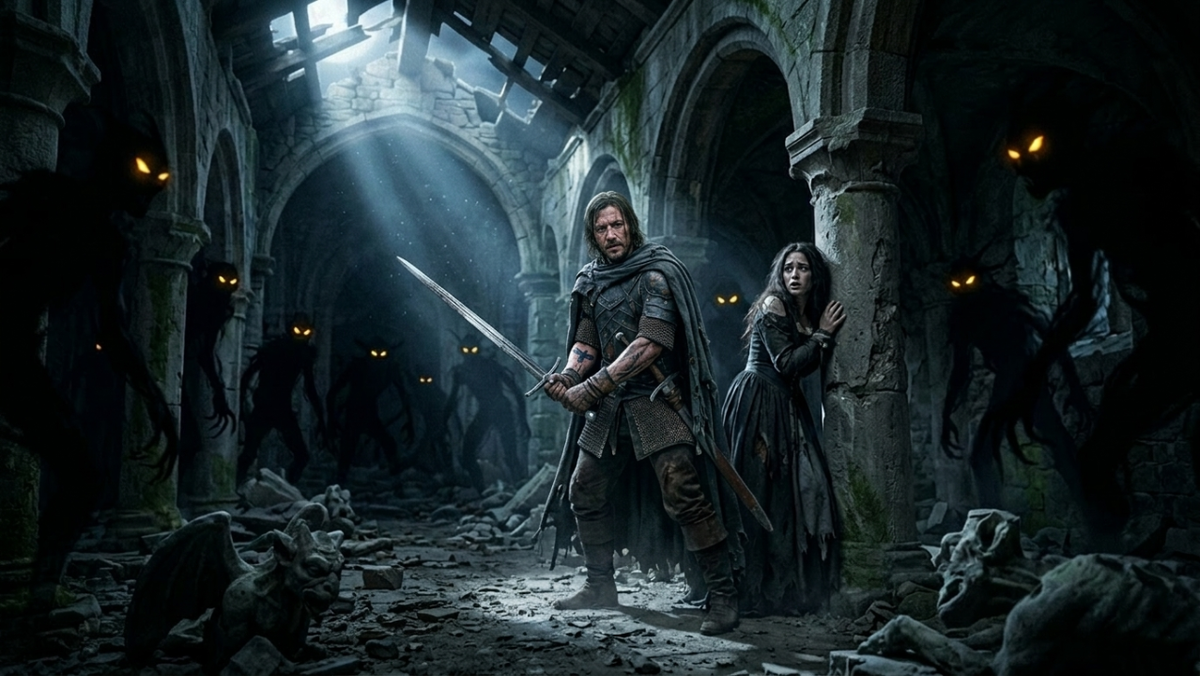 Мрачный интерьер часовни, силуэты монстров-теней с горящими глазами окружают наемника и принцессу