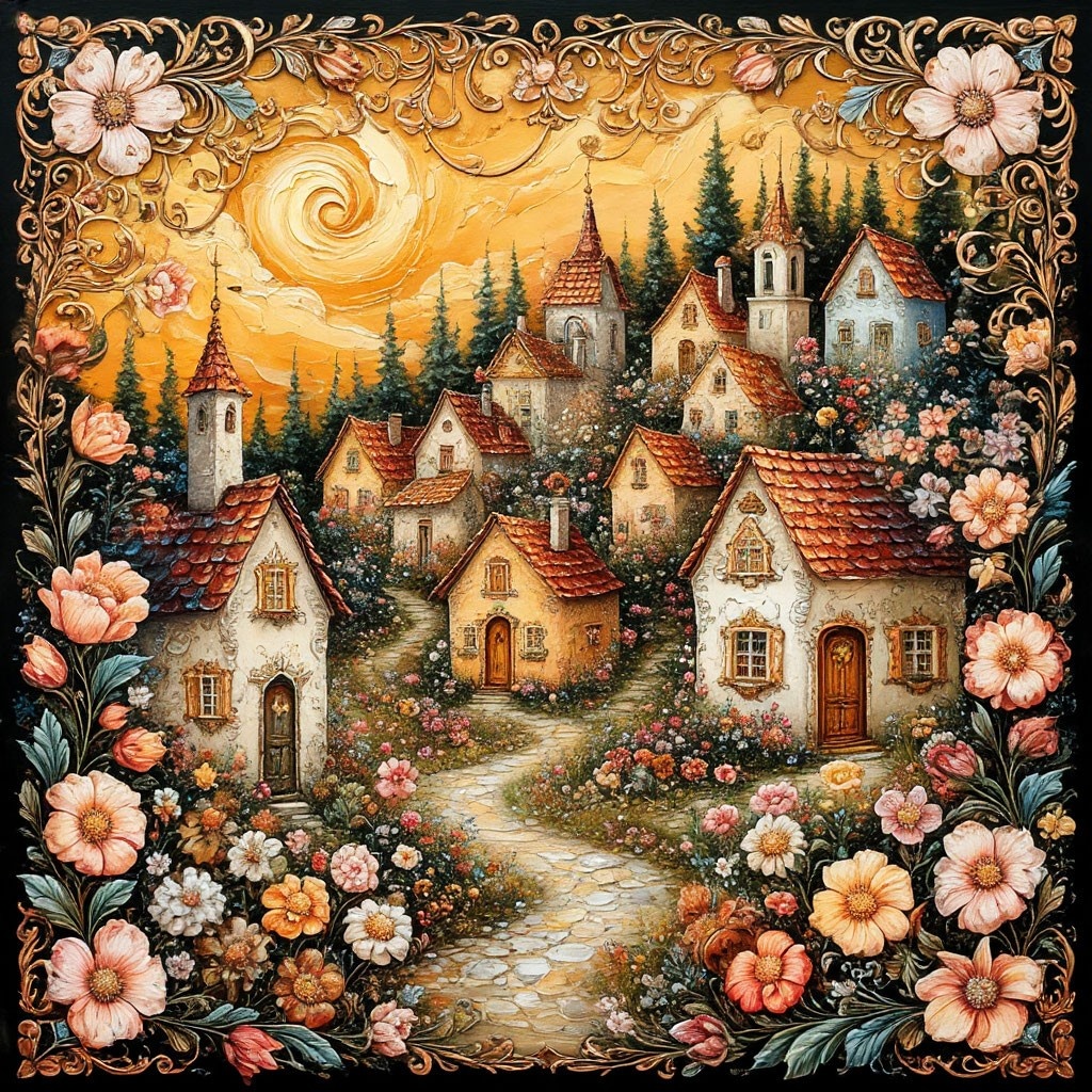 Мы с ИИ старались передать атмосферу этого места - цветочно-медовый воздух, игрушечные домики))