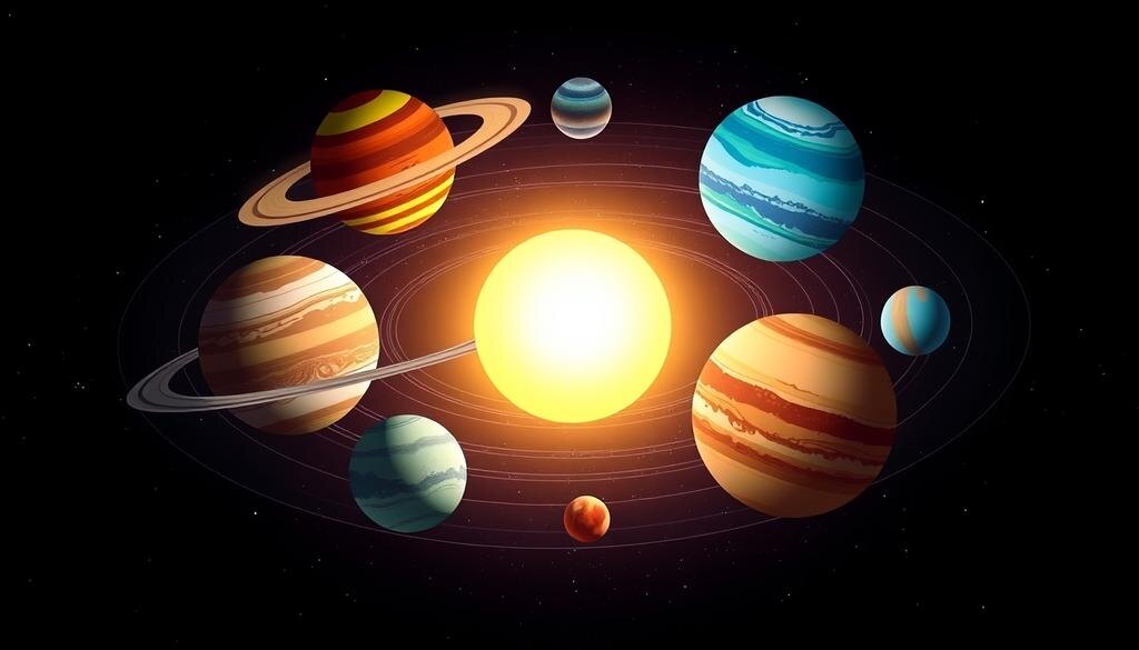    Солнечная система с восемью планетами в их орбитах вокруг яркого Солнца, отображающая разнообразие миров.