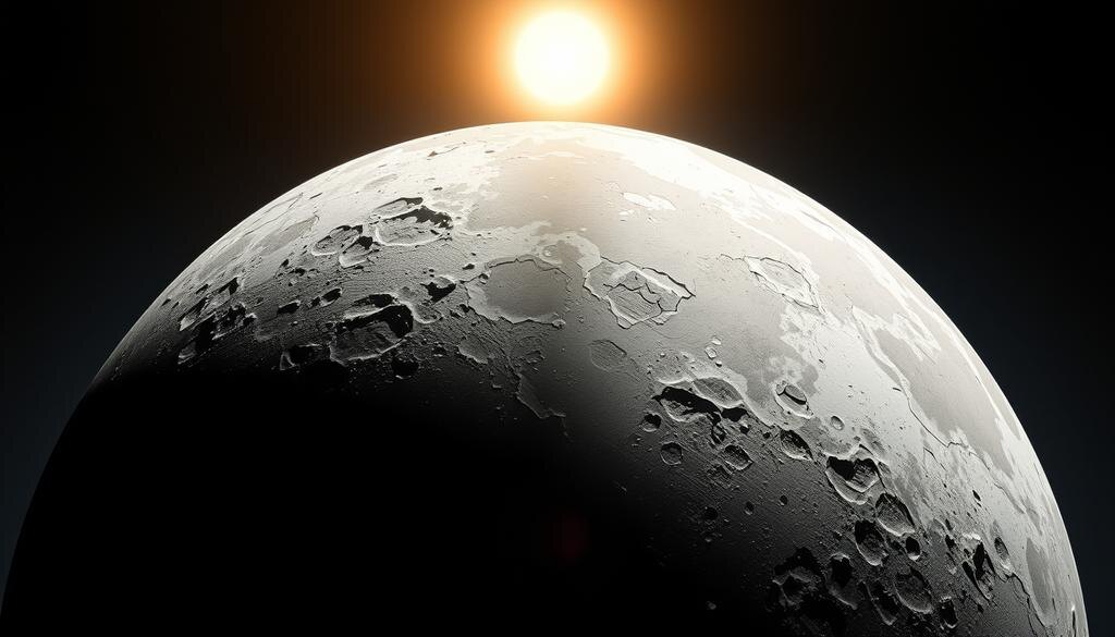    Поверхность Меркурия с кратерами, ярким солнечным светом и ледяными полярными кратерами.