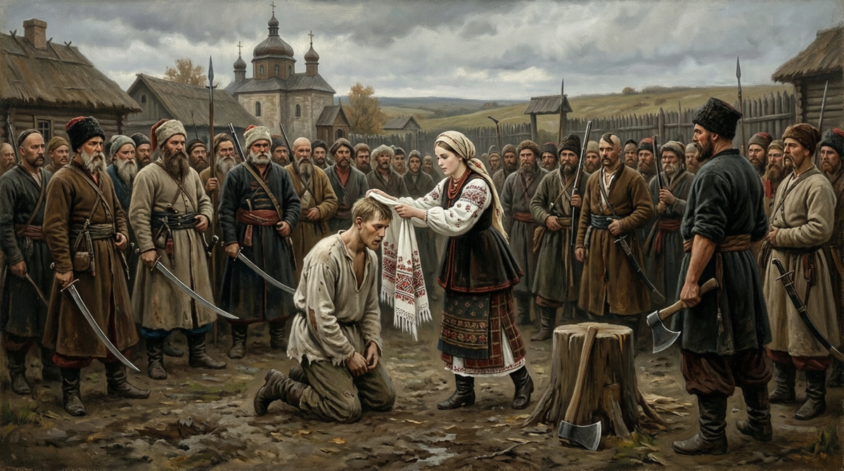 И вдруг из толпы выходит девушка. Она молча подходит к осужденному и накрывает его голову своим платком. Всё. Казнь отменяется.