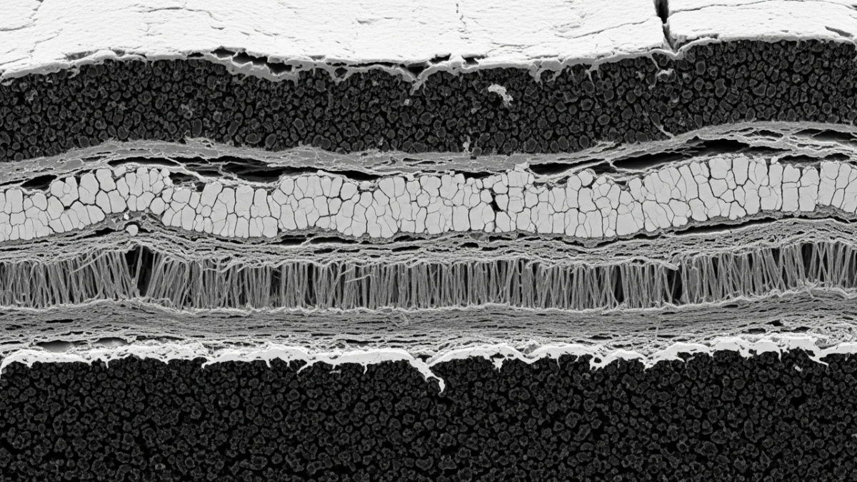 Разрез литий ионного аккумулятора под микроскопом: видны слои анода, катода и электролита.