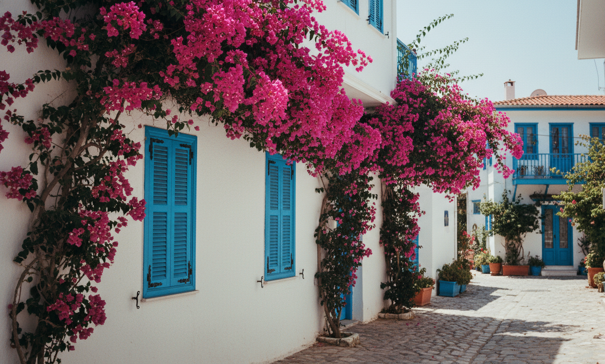 Узкие улочки Каша с цветущей бугенвиллией и синими ставнями, атмосфера турецкой Греции.