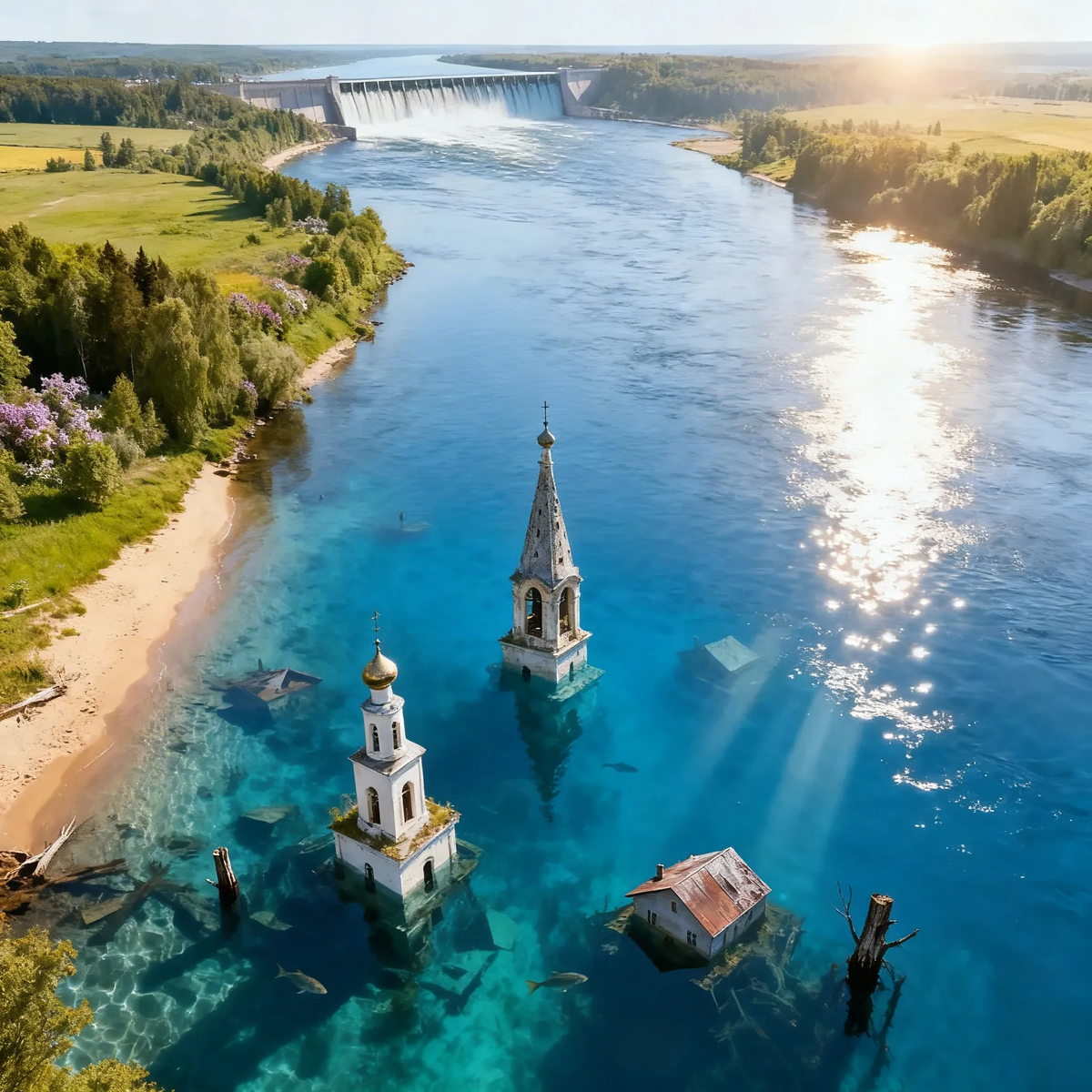 Красиво, правда? Широкая река, солнце, золотые пляжи. Только под этой водой — 700 затопленных деревень, 3 монастыря и древний город Молога, где до сих пор звонят колокола. А на горизонте — плотина, которая убила великую русскую реку. Добро пожаловать на Волгу.