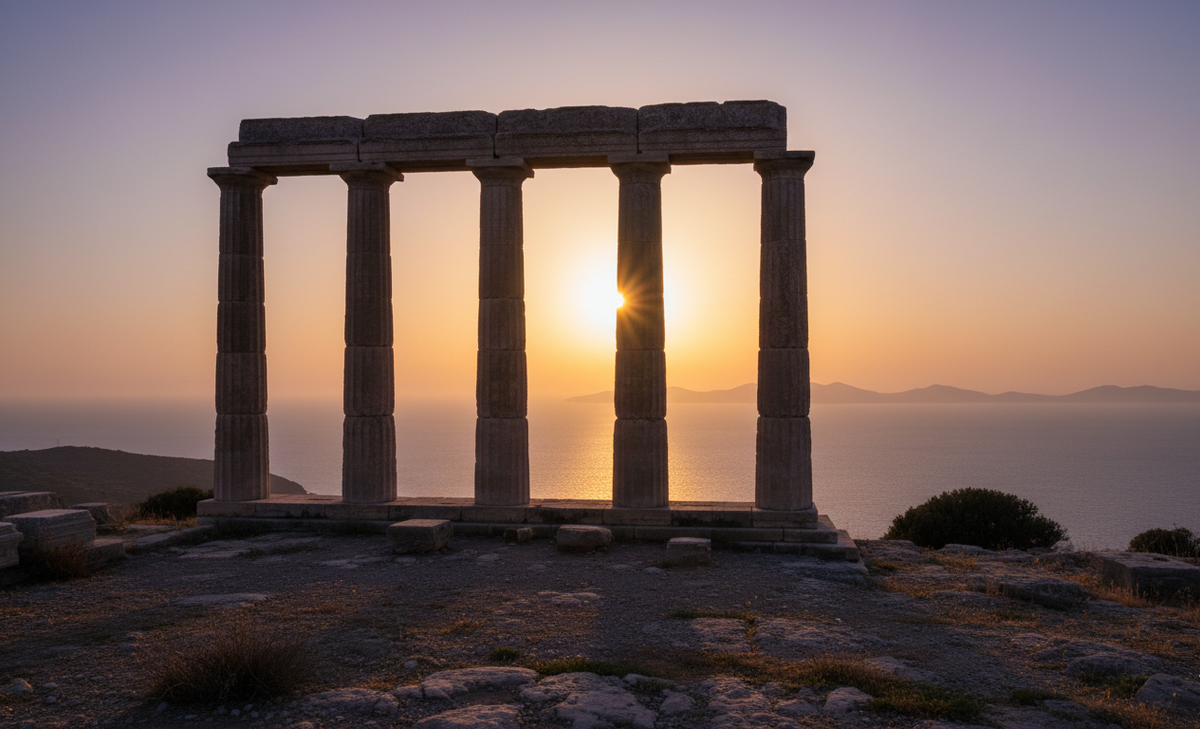  Храм Афины в древнем городе Ассос с видом на море на закате.
