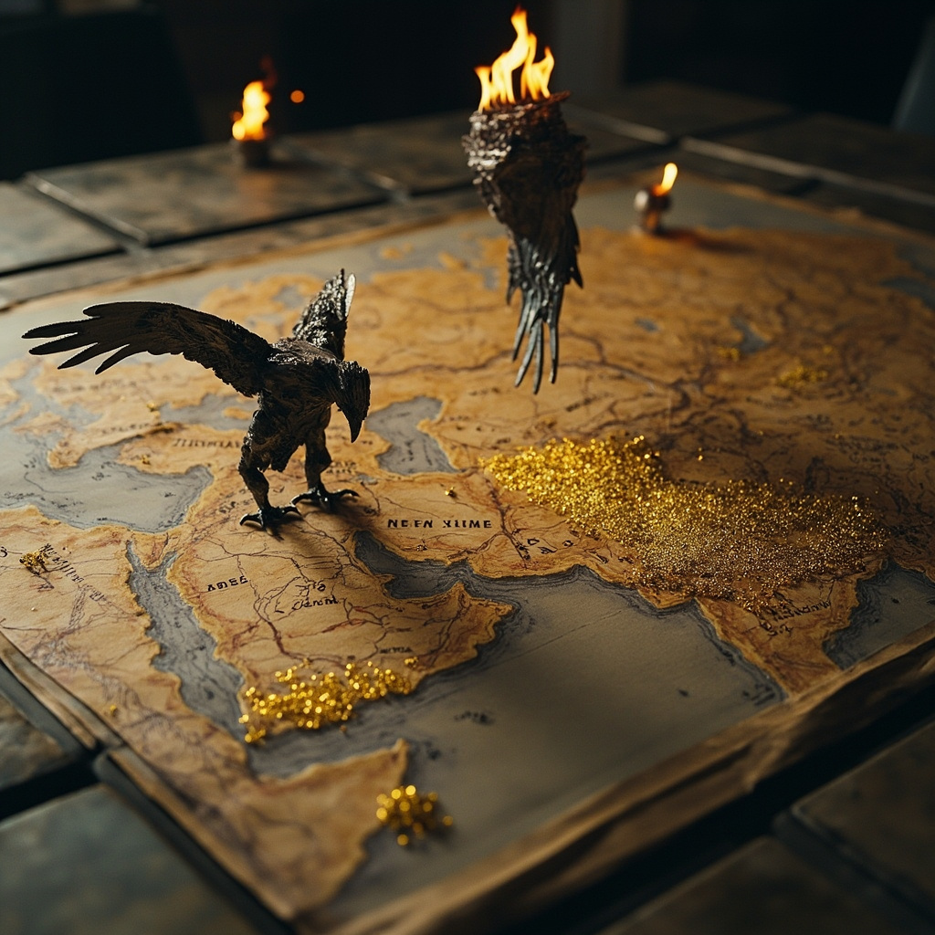  На каменном столе расстелена гигантская древняя карта . На карте, от Суэца до Синьцзяна, горят крошечные золотые искры огня. Пара когтей орла-робота и коготь дракона парят над картой , готовые передвигать фигуры. 