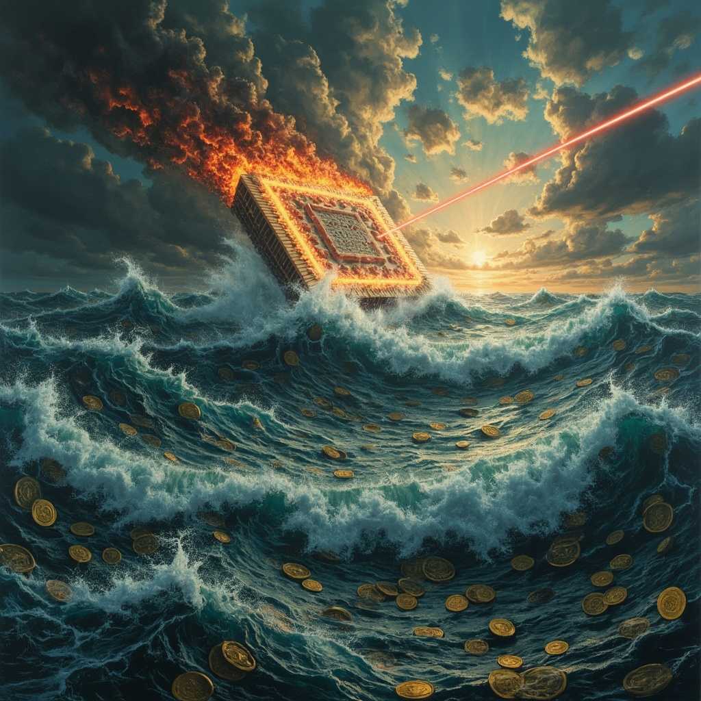  Валютный шторм. Шторм на море, где волны состоят из горящих бумажных долларов и золотых монет. Вдалеке маяк в виде гигантского микрочипа сканирует горизонт красным лазером.  