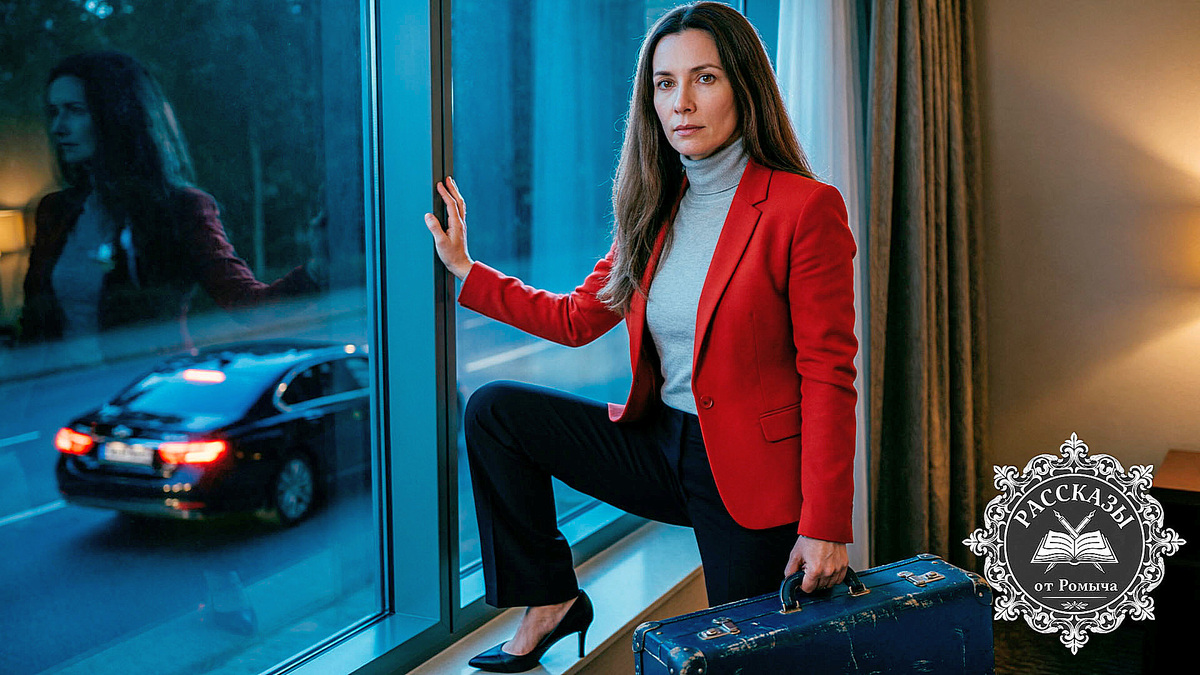 Женщина с темно-русыми волосами и карими глазами, одета в строгий ярко-красный жакет. Она стоит у окна темного гостиничного номера, в её руке – старый синий чемодан. На заднем плане, через стекло, виден уезжающий автомобиль. Лицо героини выражает холодную решимость и скрытую ярость.
