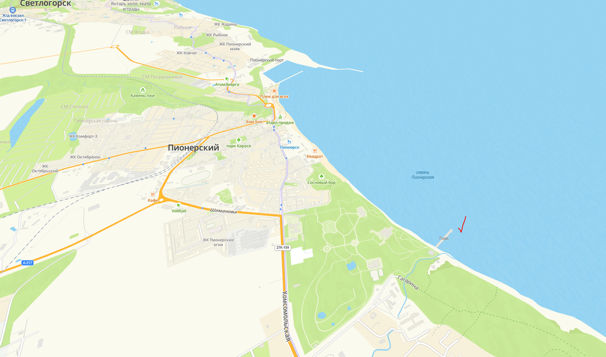 Расположение пирса Пионерского курорта, за одну остановку электрички до Светлогорска